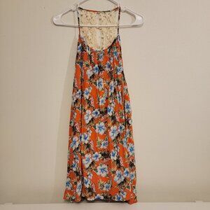 ENTRO Flowered Mini Dress Lined SMALL Orange Hawaiian Print with Crochet Back